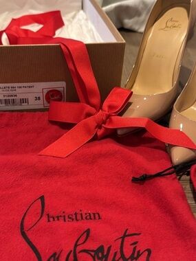 Christian Louboutin Nude Patent Pointed-Toe Pumps with Red Accents